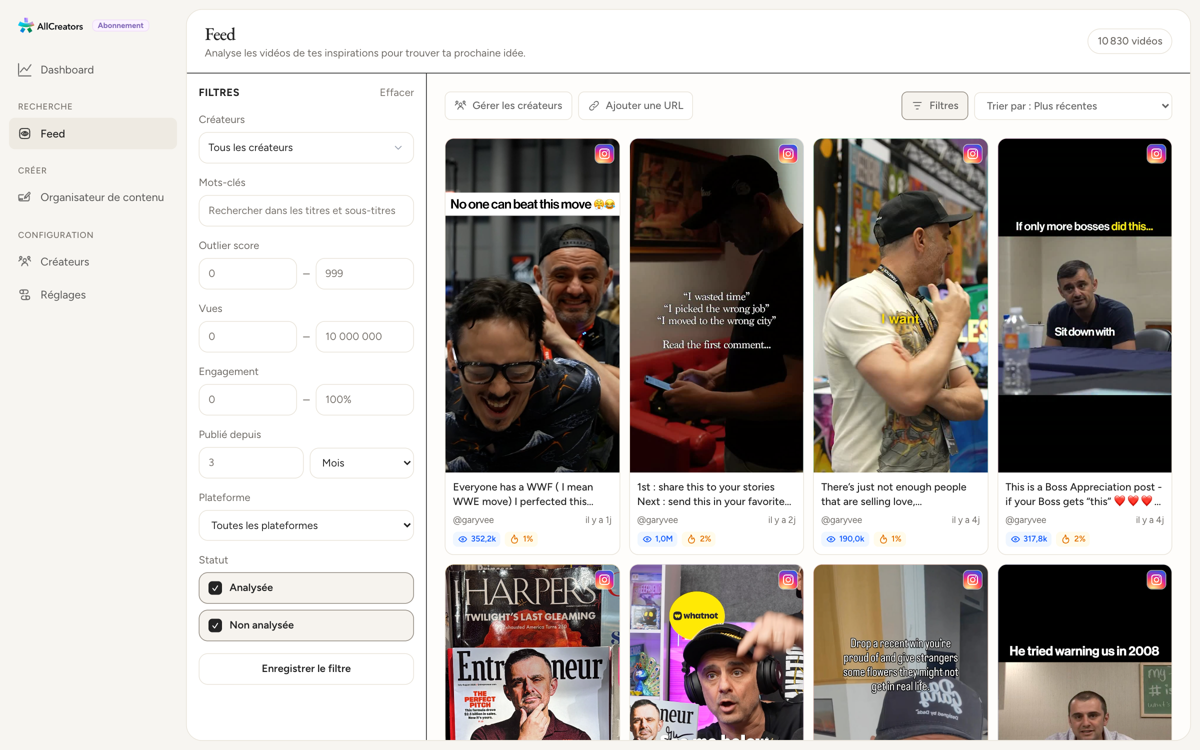 Le Feed All Creators : les vidéos des créateurs suivis, avec leurs vues et leurs résultats par rapport à d’habitude